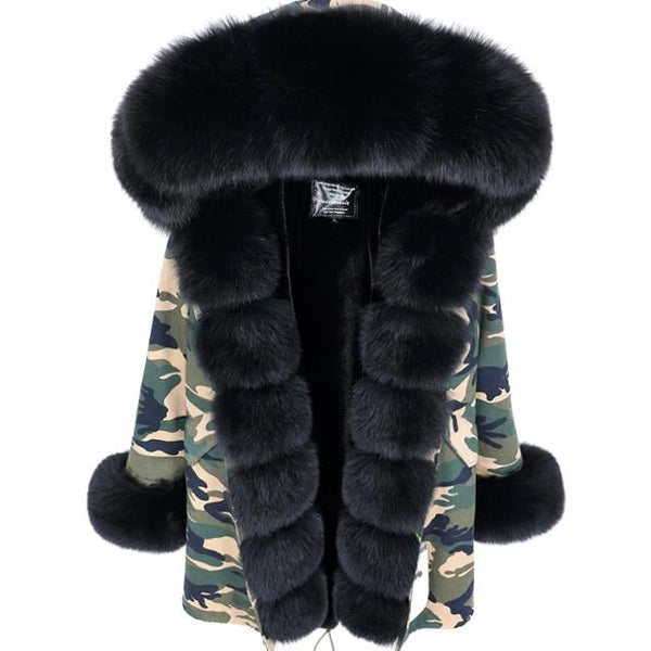 HD1-8 Fashion Natural Real Fox fur collar black Jacket women's parka with fur Winter warm Coat Big Fur Outerwear - SolaceConnect.com