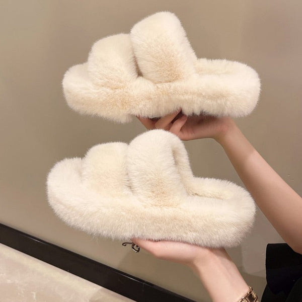 Winter Open Toe Fashion Fur Thick Sole Flats Heel Ladies Casual Slip On Bedroom Shoes Soft Outdoor Slides Shoes  -  GeraldBlack.com