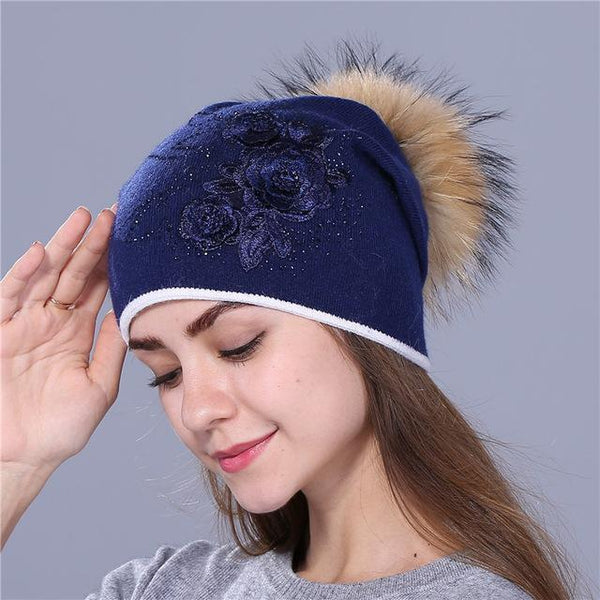 Winter Rabbit Fur Wool Knitted Mink Hat with Shining Rhinestone for Women - SolaceConnect.com