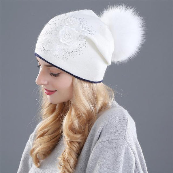 Winter Rabbit Fur Wool Knitted Mink Hat with Shining Rhinestone for Women - SolaceConnect.com