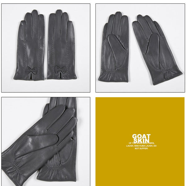 Winter Real Leather Women Gray Genuine Goatskin Gloves Fleece Lining Warm Soft Driving Fashion  -  GeraldBlack.com