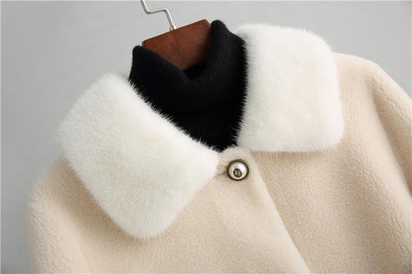 Winter Elegant Sheep Shearing Coat Female Autumn Real Mink Fur Collar Wool Jacket Women Korean - SolaceConnect.com