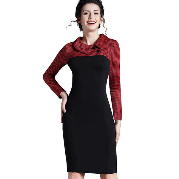 Winter Vintage Fitted Dress Full with Sleeve Patchwork Turn-Down Collar - SolaceConnect.com