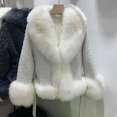 Women's Real Fox Fur Coats Fashion Houndstooth Wool Jackets Luxury Winter Thick Warm Outwear S7921B - SolaceConnect.com