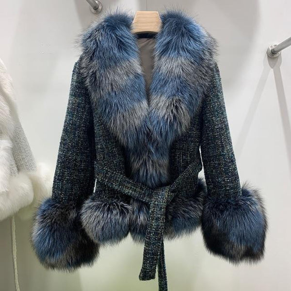 Women's Real Fox Fur Coats Fashion Houndstooth Wool Jackets Luxury Winter Thick Warm Outwear S7921B - SolaceConnect.com