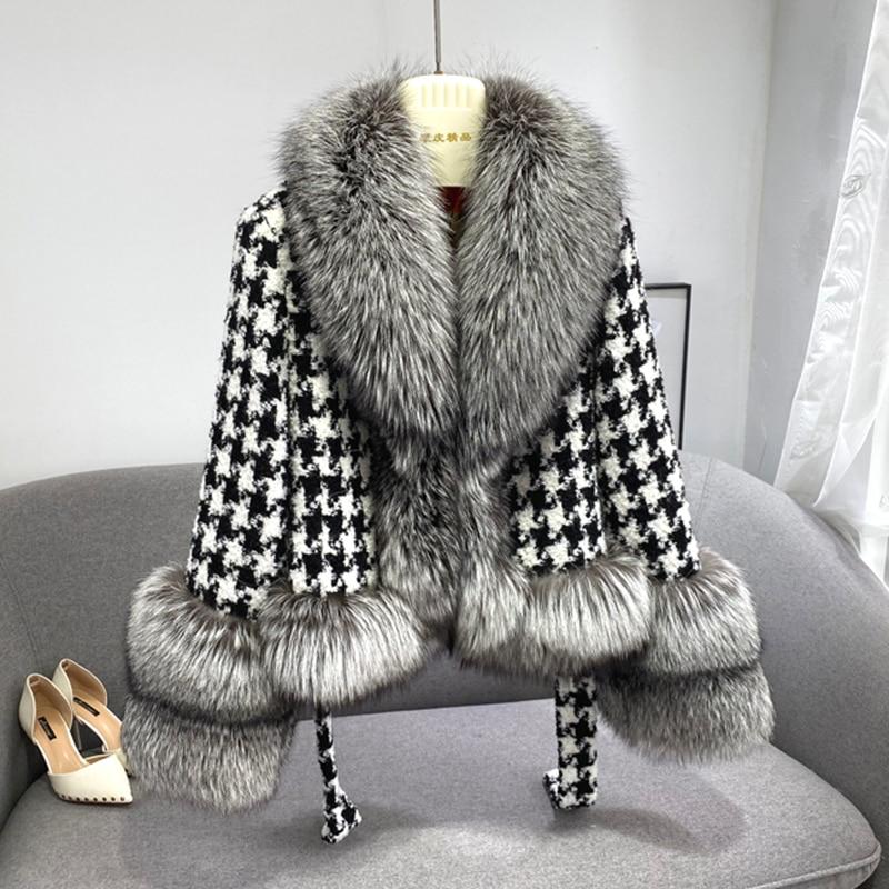 Winter Warm Luxury Women's Real Fox Fur Houndstooth Wool Coats & Jacke ...