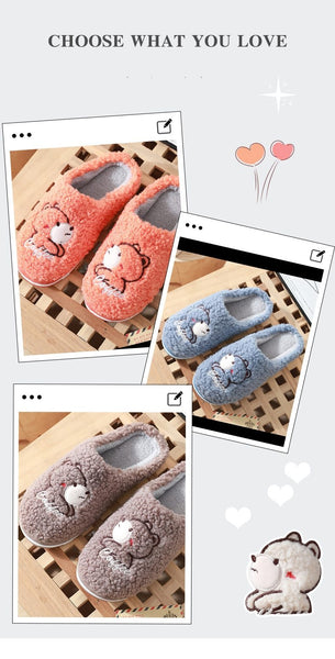 Winter Warm Cartoon Bear Couple Fur Slippers Male Female Household Plush Confinement Shoes Indoor - SolaceConnect.com