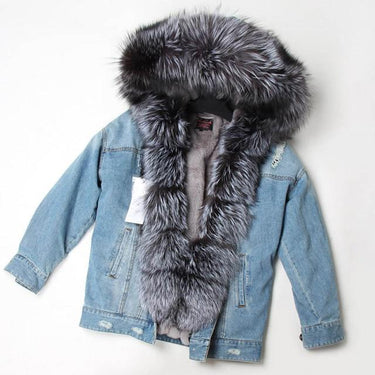 Natural rabbit fur lined denim jacket fox fur coat fashion denim coat fox fur warm lady winter - SolaceConnect.com