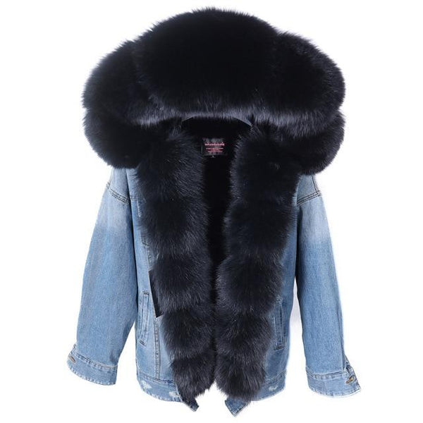 Natural rabbit fur lined denim jacket fox fur coat fashion denim coat fox fur warm lady winter - SolaceConnect.com