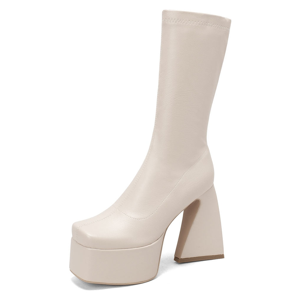 Women's Handmade Elegant Square Toe Mid-Calf High Heels Boots 1 Women's Handmade Elegant Square Toe Mid-Calf High Heels Boots