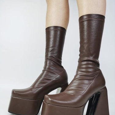 Winter Women High Heeled Boots Mid Calf Platform Shoes Chunky Non Slip Fashion Elegant Shoes  -  GeraldBlack.com