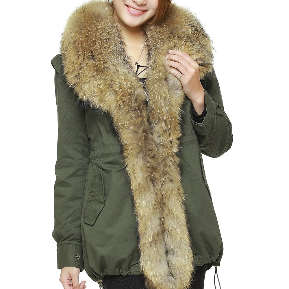 Winter women's cotton coat Natural real raccoon fur collar jacket female parka with large fluffy real  fur  -  GeraldBlack.com