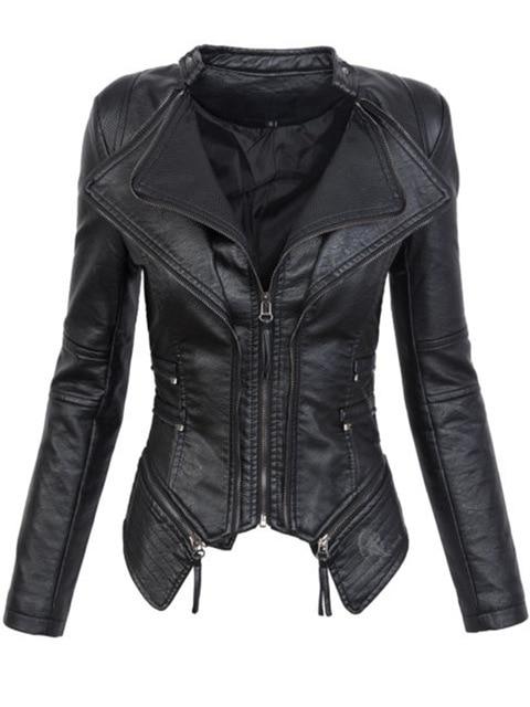 Winter Women's Gothic Black Faux Synthetic Leather Motorcycle Jacket - SolaceConnect.com
