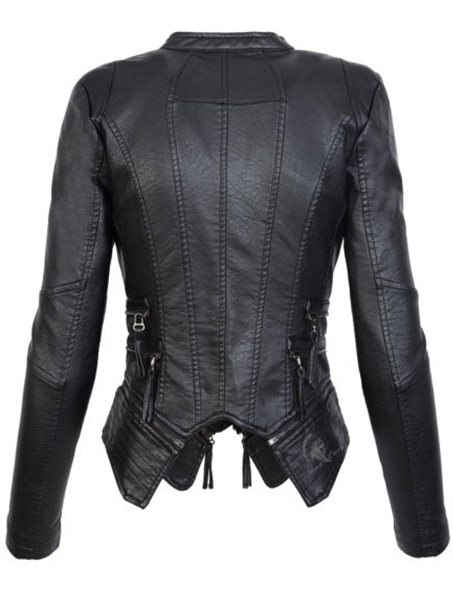 Winter Women's Gothic Black Faux Synthetic Leather Motorcycle Jacket - SolaceConnect.com