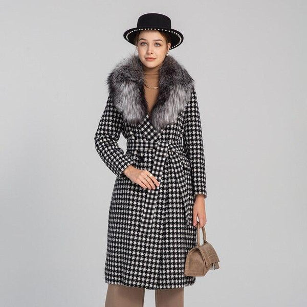 Winter Women Real Fox Fur Collar Trench Coat Lady Fashion Houndstooth Overcoat Wool Jacket Long - SolaceConnect.com