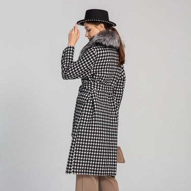 Winter Women Real Fox Fur Collar Trench Coat Lady Fashion Houndstooth Overcoat Wool Jacket Long - SolaceConnect.com