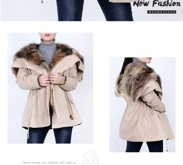 Winter lined coats warm natural raccoon removal lining Women fur coat Women's leather jacket - SolaceConnect.com
