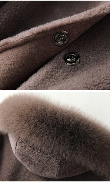Natural Fox Fur Hooded 100% Sheep Shearing Coat Female Winter Clothing Korean Real Fur Jacket - SolaceConnect.com