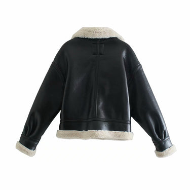 Winter Women Streetwear Faux Soft Leather Lamb Fur Jacket Moto Biker Pocket Thick Warm Short Coat Outwear  -  GeraldBlack.com