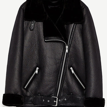 Winter Women Thick Faux Leather Sheepskin Coat with Belt Loose Warm Jacket Casaco Feminino  -  GeraldBlack.com