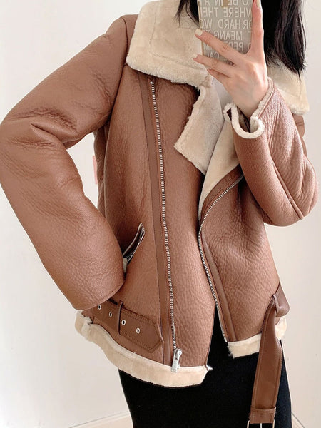 Winter Women Thick Faux Leather Sheepskin Coat with Belt Loose Warm Jacket Casaco Feminino  -  GeraldBlack.com