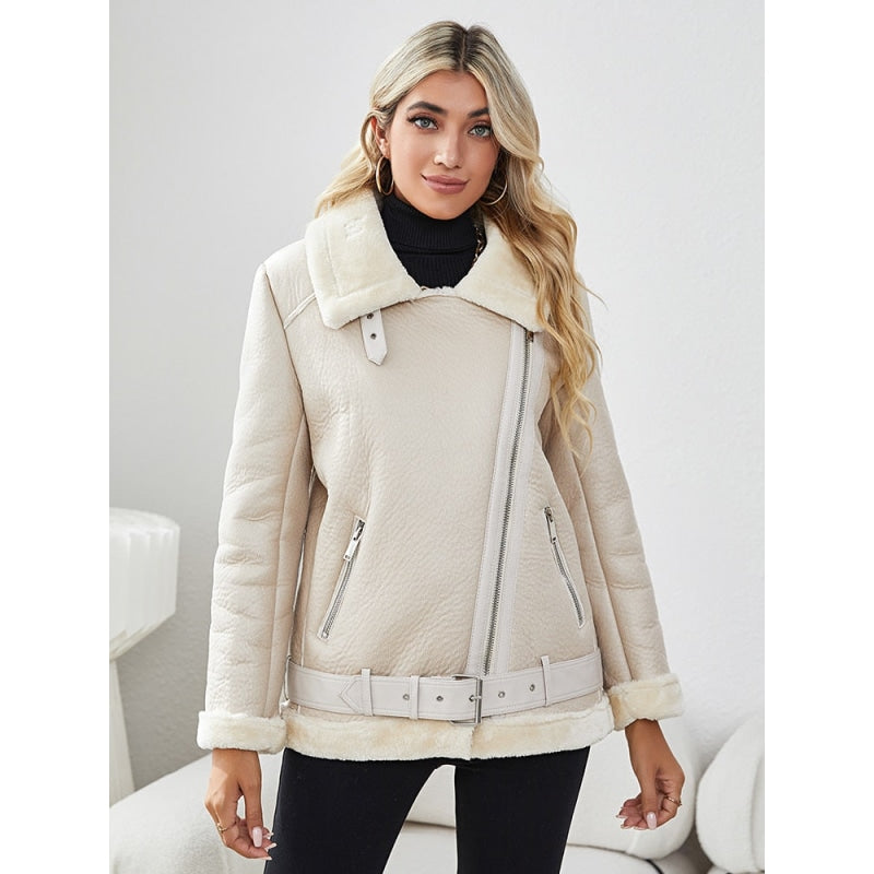 Winter Women Thick Warm Faux Fur Sheepskin Coat with Belt Moto Biker Zipper Loose Jacket Outwear  -  GeraldBlack.com