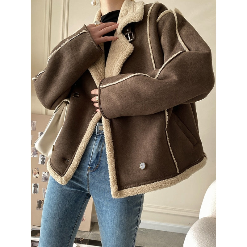 Winter Women Thick Warm Faux Lamb Fur Jacket High Street Loose Double Breasted Coat Chic Outwear  -  GeraldBlack.com