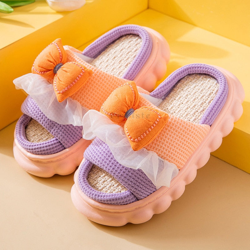 Woman Butterfly Knot Mix Color Bedroom Slides Thick Sole Winter Linen Non Slip Home Slippers  -  GeraldBlack.com