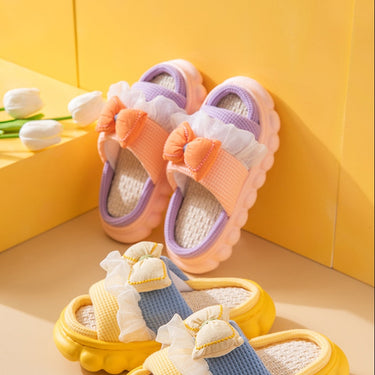 Woman Butterfly Knot Mix Color Bedroom Slides Thick Sole Winter Linen Non Slip Home Slippers  -  GeraldBlack.com