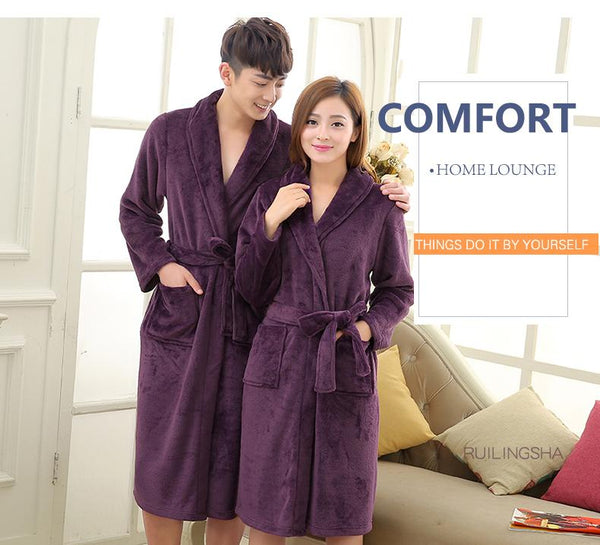 Women and Men Warm Silk Flannel Long Kimono Bathrobe for Winter - SolaceConnect.com