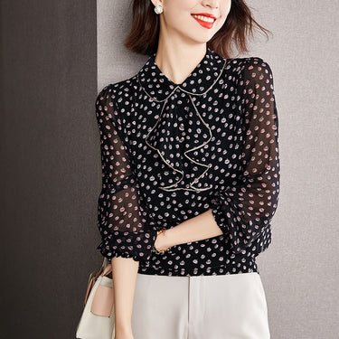 Women Autumn Blusas Vintage Print Blouses Elegant Office Shirt Long Sleeve Ruffles Chiffon Blouse Korean Casual Tops  -  GeraldBlack.com