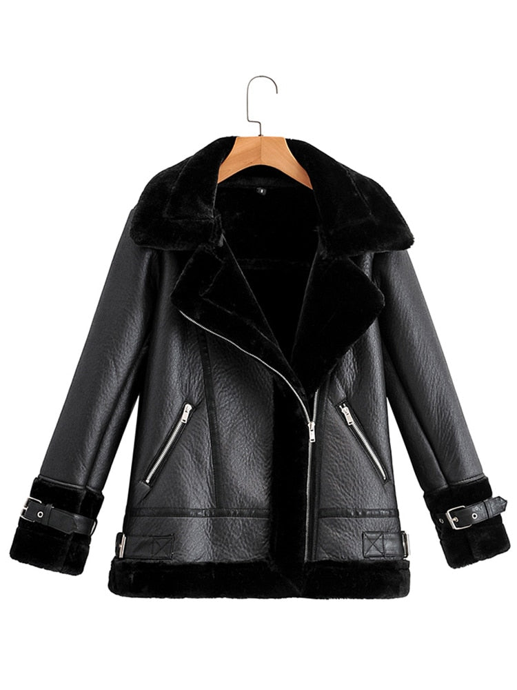 Women Autumn Winter Coat Faux Soft Leather Black White Sheepskin Fur Jacket Female Aviator Outwear  -  GeraldBlack.com