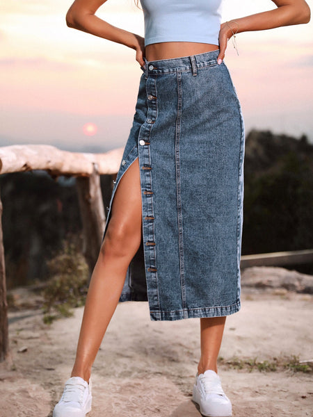 Women Button Up Knee Length High Waist Slit Skinny Jean Long Skirts  -  GeraldBlack.com