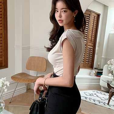 Women Elegant  2 Pieces Set Simple T-Shirts Tops Irregular Sheath Pencil Skirt Korean Simple Skirt Suit  -  GeraldBlack.com