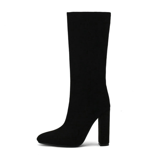 Women Fashion Boots High Chunky Heels Pointed Toe Black Mid Calf Boots Knee High Boots for Wide Calf Shoes  -  GeraldBlack.com