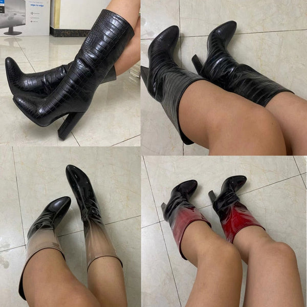 Women Fashion Boots High Chunky Heels Pointed Toe Black Mid Calf Boots Knee High Boots for Wide Calf Shoes  -  GeraldBlack.com