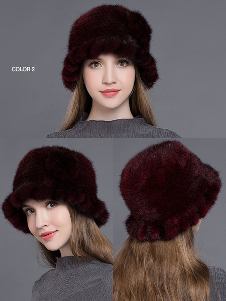 Women Knitted Natural Mink Fur Fedoras Thick Warm In Winter Fashion Caps with Floral  -  GeraldBlack.com