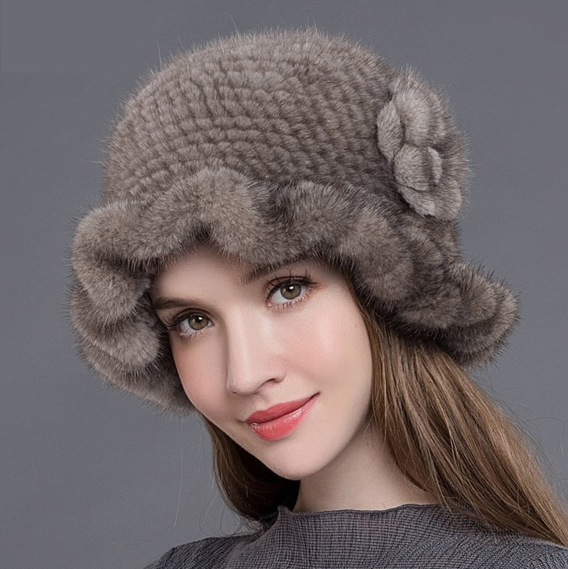Women Knitted Natural Mink Fur Fedoras Thick Warm In Winter Fashion Caps with Floral  -  GeraldBlack.com