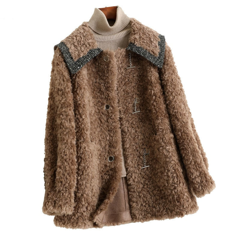 Women Korean Fashion Real Wool Fur Turn Down Collar Hook Coats  -  GeraldBlack.com