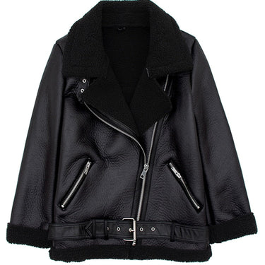 Women Lamb Fur Faux Leather Jacket Coat Turn Down Collar Winter Thick Warm Zipper With Belt  -  GeraldBlack.com