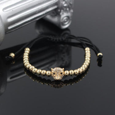 Women Men Full Crystal Gold Color Leopard Head Charm Braided Mala Bracelet - SolaceConnect.com
