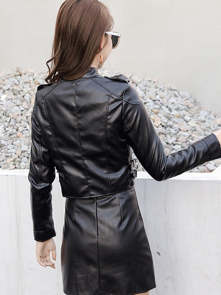 Women Moto Biker Slim Faux Soft Leather Short Jacket Streetwear Zipper Button Coat Outwear Tops  -  GeraldBlack.com