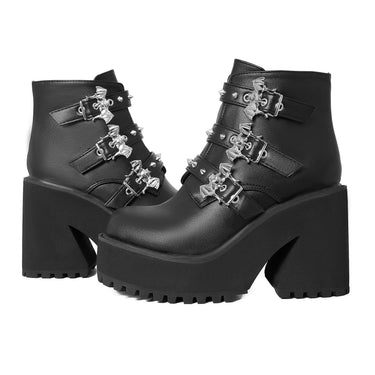 Women Motorcycle Lace Up Round Toe High Heel Wedges Ankle Boots Platform Punk Gothic Cosplay Shoes  -  GeraldBlack.com