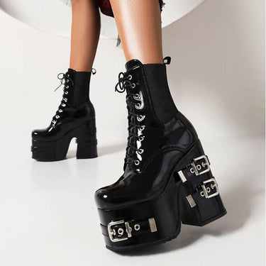 Women Punk Goth Trendy Luxury Metal Buckle Lace UP High Heels Platform Shoes Cool Fashion Motorcycle Boots  -  GeraldBlack.com