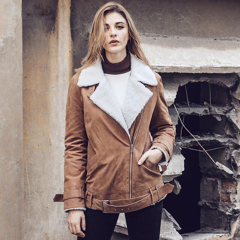 Women Real Pigskin Leather Faux Fur Full Sleeves Shearling Jacket - SolaceConnect.com