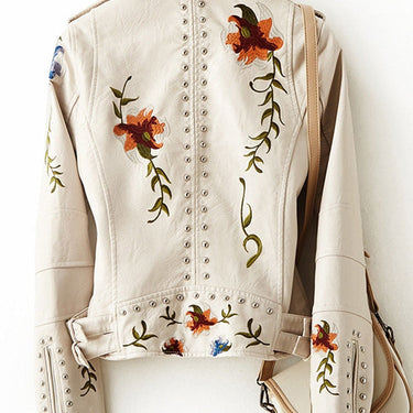 Women Retro Floral Print Embroidery Faux Soft Leather Jacket Coat Streetwear Rivet Pu Moto Biker  -  GeraldBlack.com