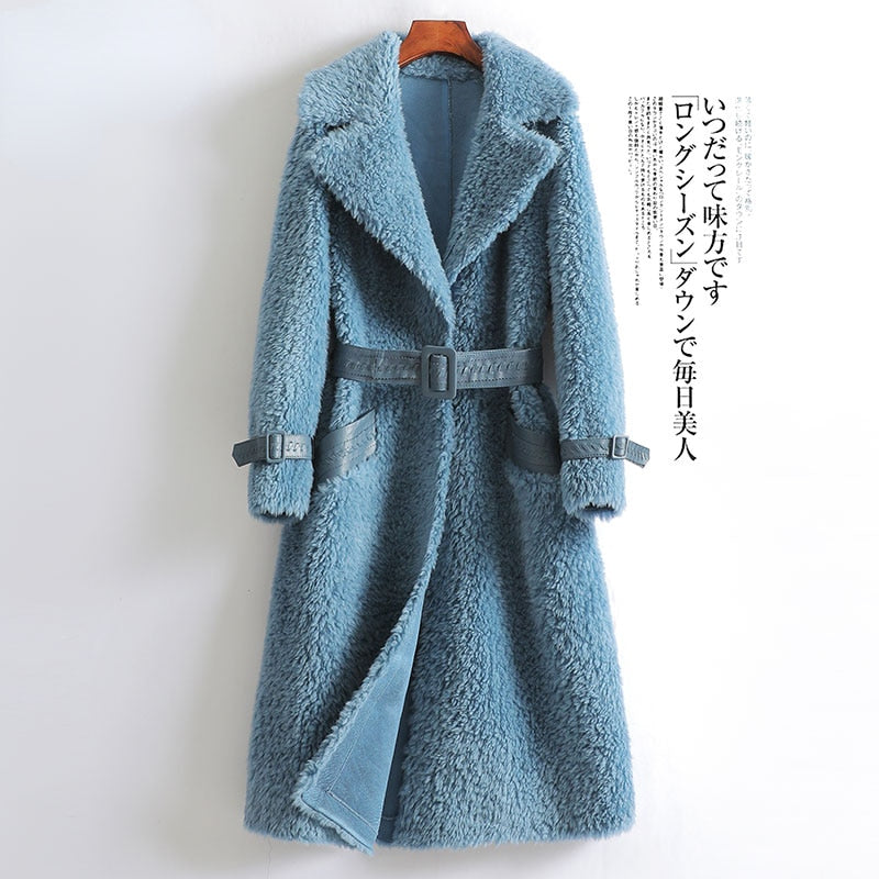 Women's 100% Wool Fur Grain Woven Lace-up Knitted Long Coats  -  GeraldBlack.com