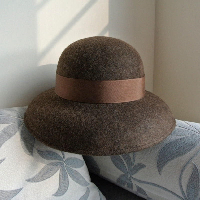Women's 100% Wool Warm Hepburn Style Wide Brim Bucket Hat Fedoras  -  GeraldBlack.com