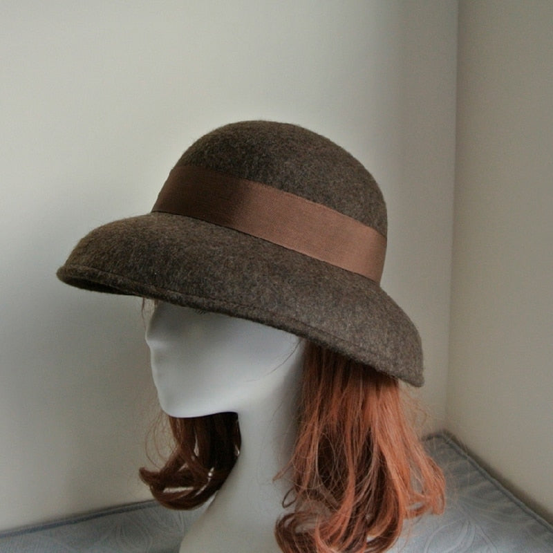 Women's 100% Wool Warm Hepburn Style Wide Brim Bucket Hat Fedoras  -  GeraldBlack.com