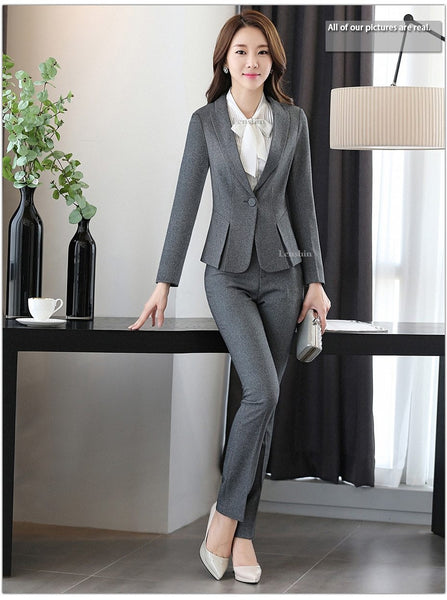 Women's 2 Pieces Single Button Zipper Fly Gray Slim Formal Business Suit - SolaceConnect.com